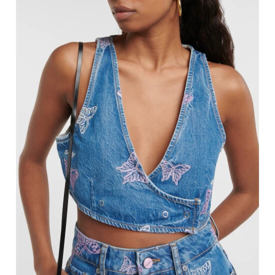 Ganni Embroidered Denim Crop Top - Image 3