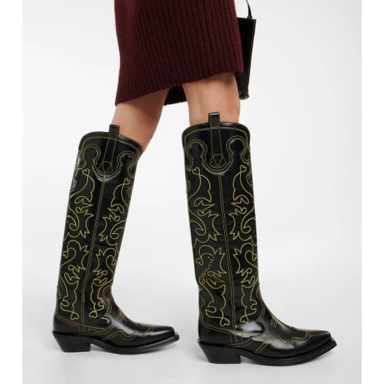 Ganni Embroidered Leather Cowboy Boots - Image 3