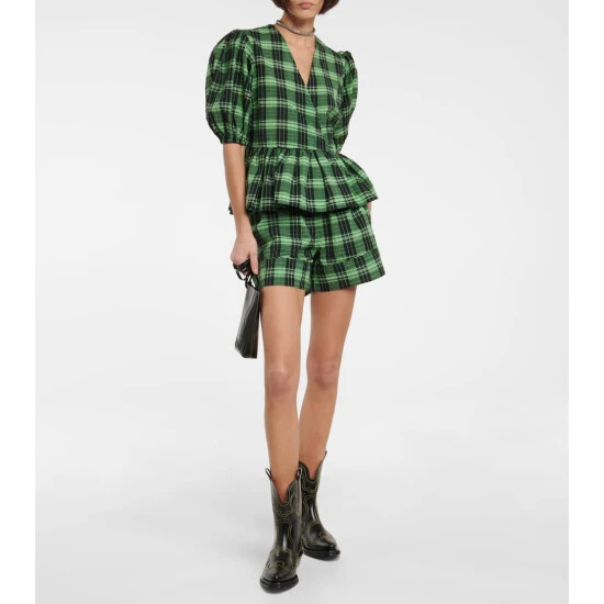 Ganni Checked Seersucker Wrap Blouse