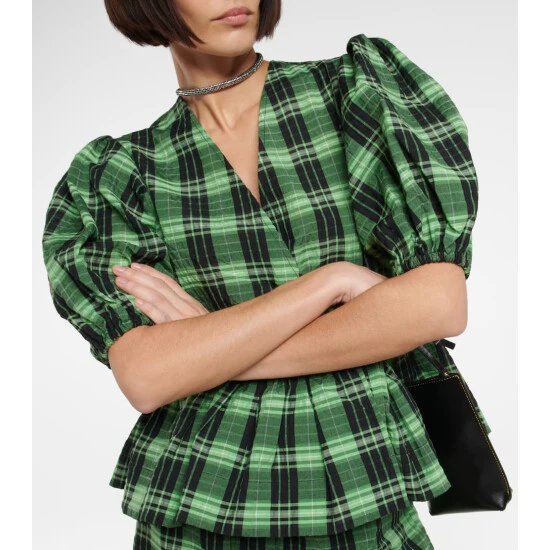 Ganni Checked Seersucker Wrap Blouse - Image 3