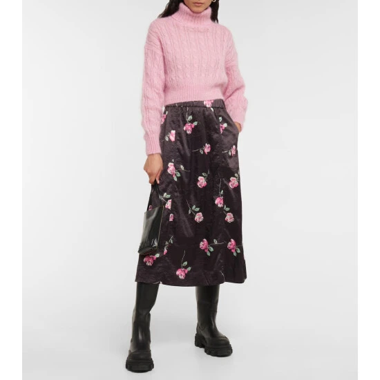 Ganni Floral A-line Satin Midi Skirt