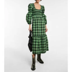 Ganni Checked Seersucker Midi Dress