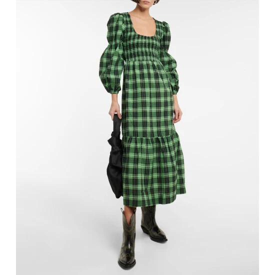 Ganni Checked Seersucker Midi Dress