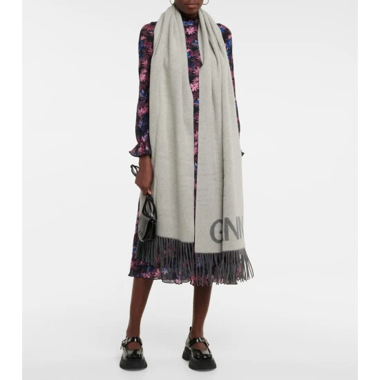 Ganni Logo Fringed Wool Scarf