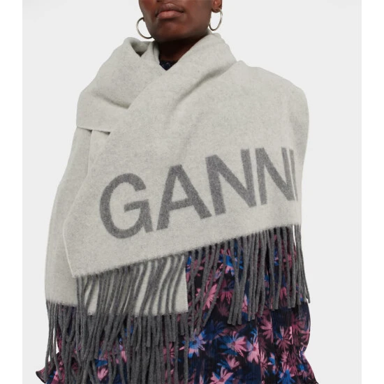 Ganni Logo Fringed Wool Scarf - Image 2