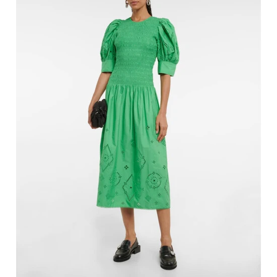 Ganni Broderie Anglaise Cotton Midi Dress