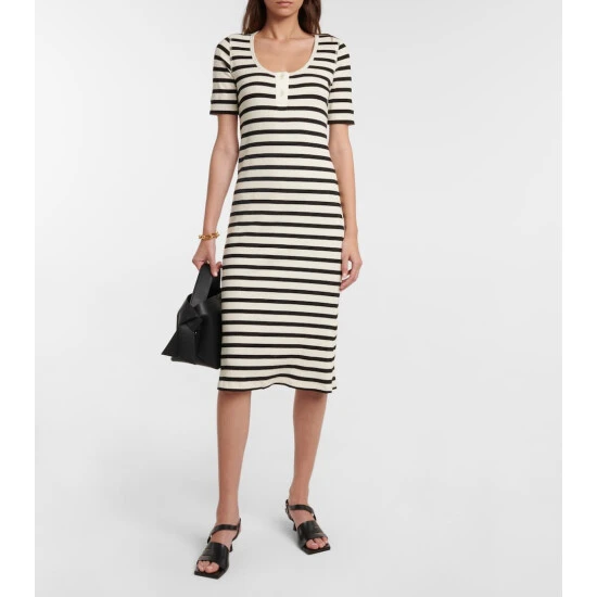 Ganni Striped Ribbed-knit Cotton-blend Midi Dress