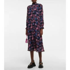 Ganni Floral Plissé Midi Dress