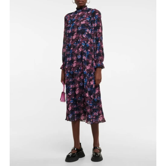 Ganni Floral Plissé Midi Dress